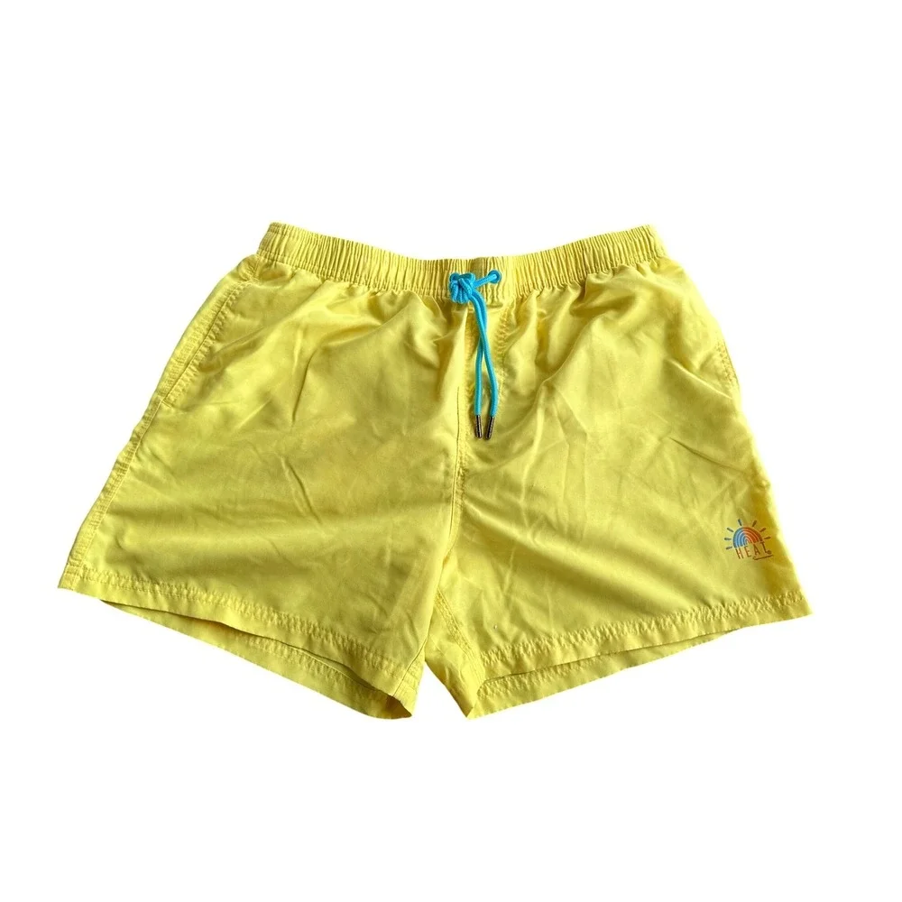 HEAT Swimwear Mens‎ Yellow Swim Trunks Blue Orange Stripe Mesh Lined Large